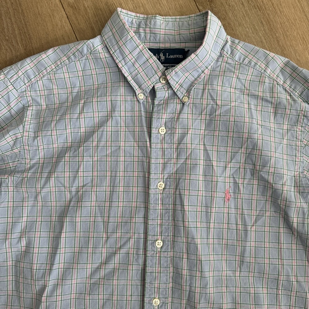 Polo Ralph Lauren Men's Button Down Shirt Blue 17 32/33 Pink Pony Preppy